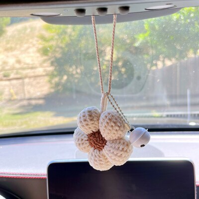 Crochet flower car accessories with bell, amigurumi flower car hanging, Knitted Flower for Interior car accessories, car decor or bag charm - image8